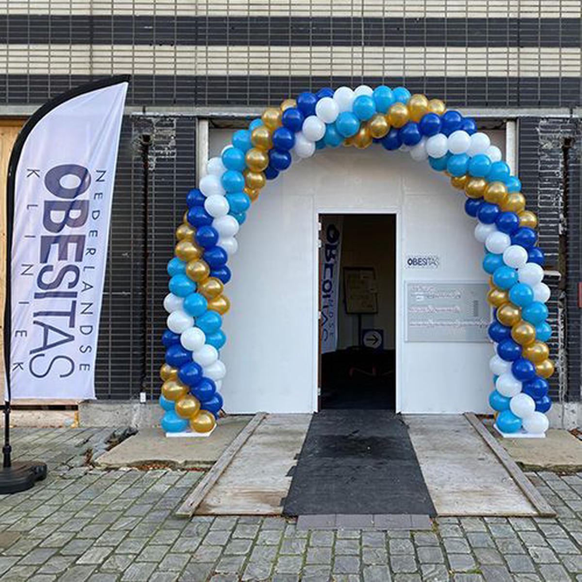 Balloon Arch Gold, Blue and White Spiral Arrangement – Corporate Event, Grand Opening, Company Even