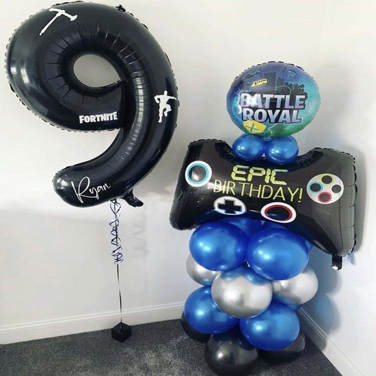 Black Number ‘9’ Helium with Customize Sticker and Ribbons and Game Controller ‘Epic Birthday’ with