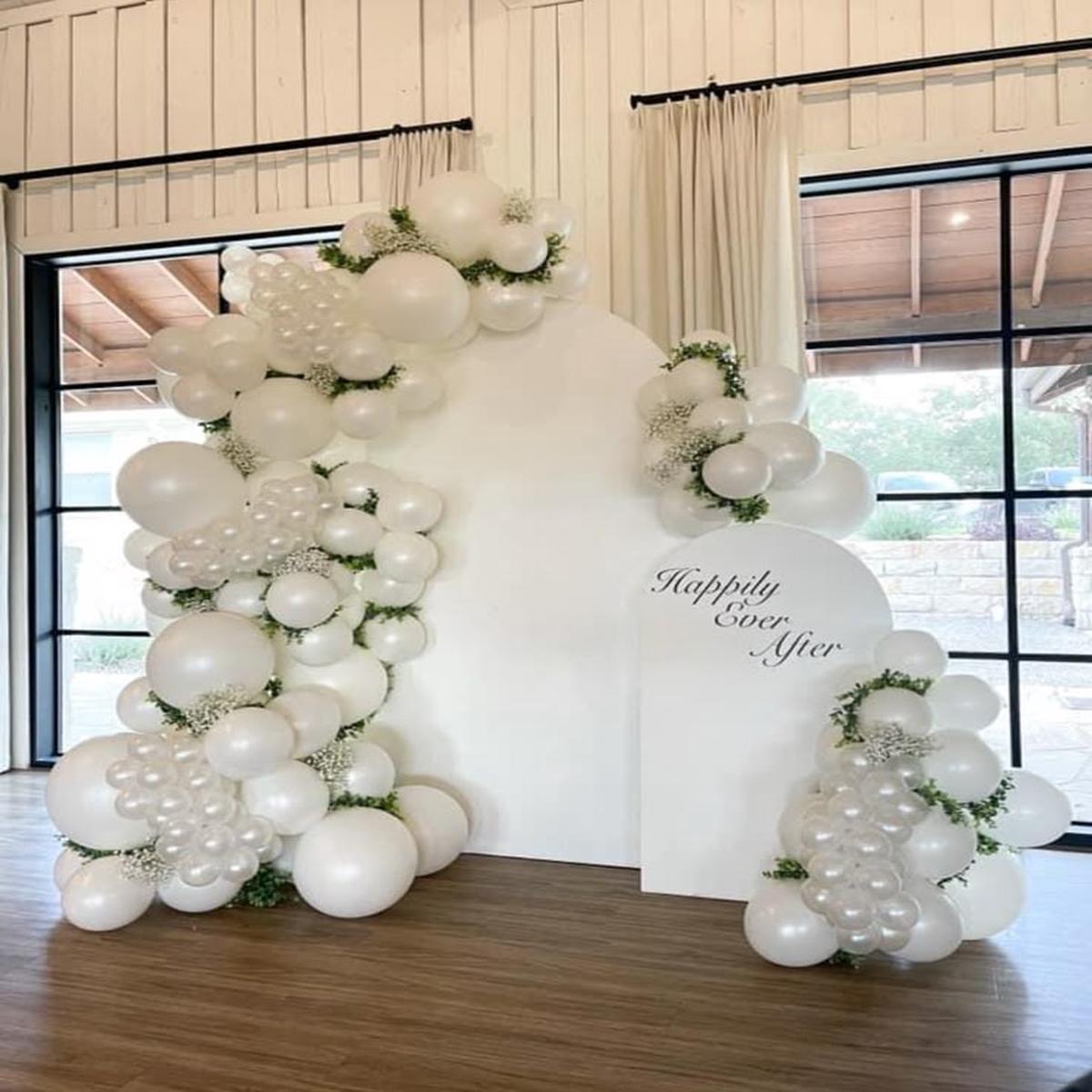 Customizable Board Backdrop with Balloon White and Pearl White with Artificial Leaves and Flowers –