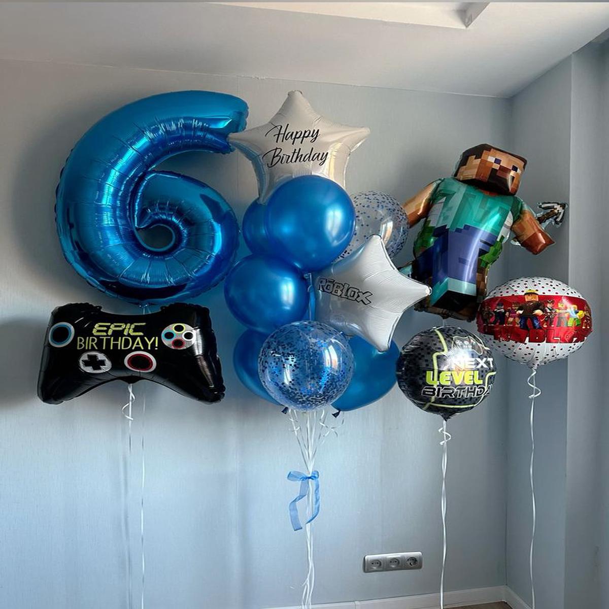 Helium Balloon Single Number Set of Blue Number 6 Balloon with Game Controller, Minecraft Character