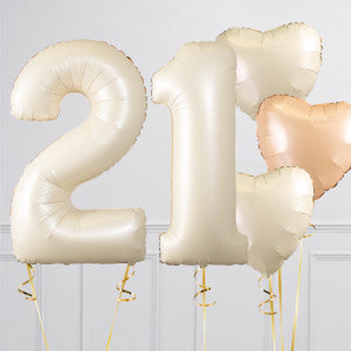 Helium Beige 21 Two Number Set Balloon with Beige and Sand White Heart-Shaped Foil Balloons