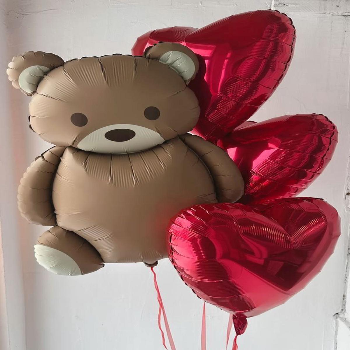 Hospital or Home Welcome Baby Red Heart-Shaped Bunch and Brown Bear Helium – Baby Shower, Bear-Them