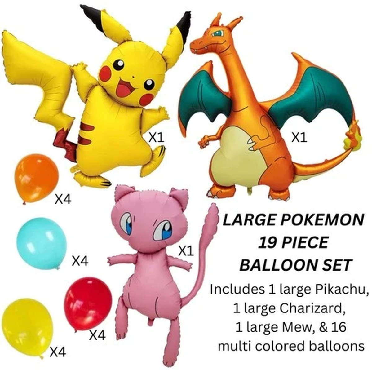 Pokemon Balloon Party 19 Piece Set Includes Large Charizard, Pikachu, & Mew