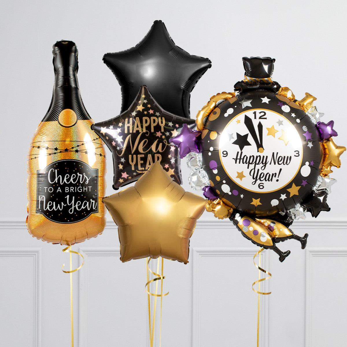 Black and Gold New Year’s Eve Balloon Set – Champagne Bottle, Clock, Star Balloons, and ‘Happy New