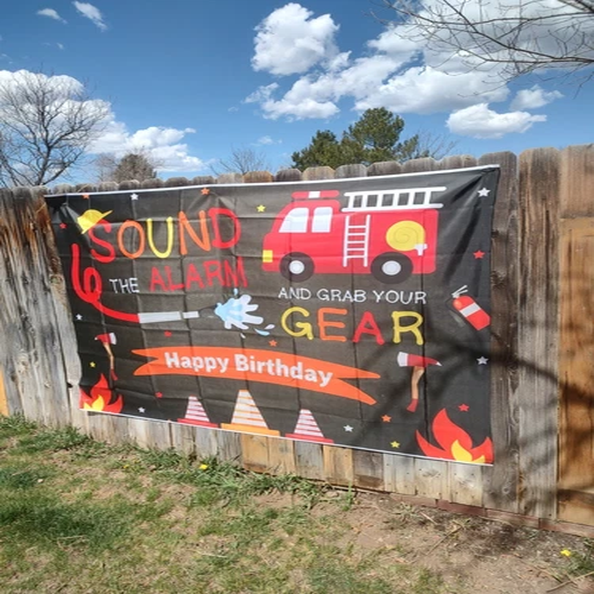 FireTruck “Sound the Alarm Happy Birthday 7’ft x 5′ Kids Backdrop Banner New
