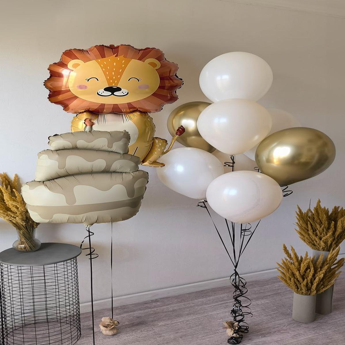 Helium Balloon Lion, Cake and Latex Bunch Dust White and Light Gold – Safari and Jungle-Themed Perf