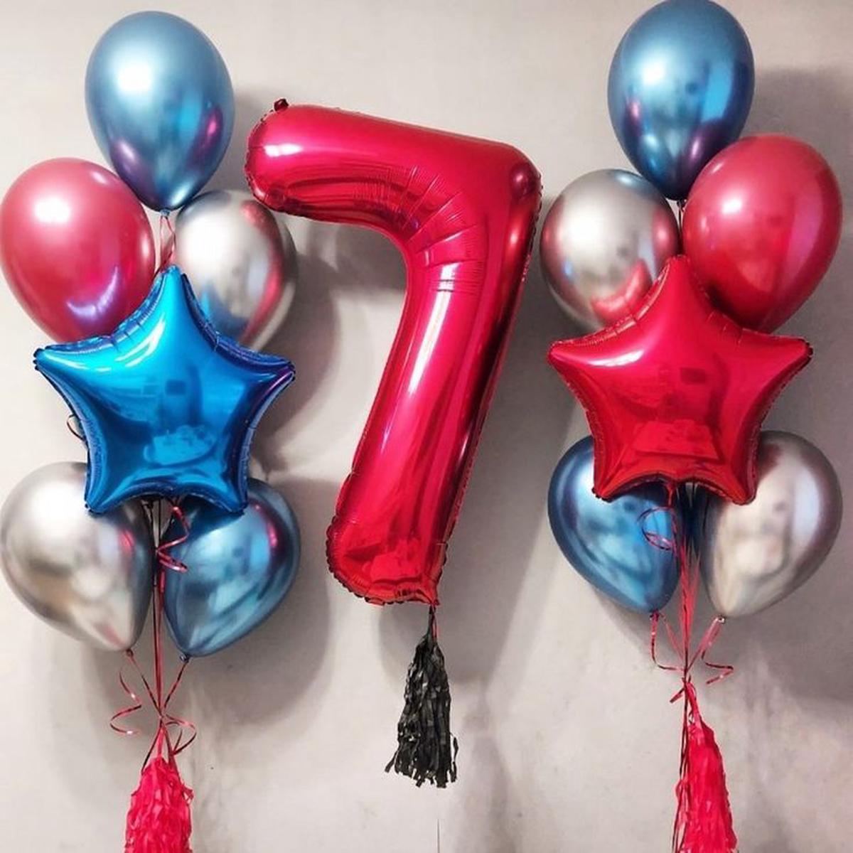 Helium Balloons Single Number Set Red ‘7’ with Tassels and Latex Bunch Chrome Colors Red, Blue, Sil
