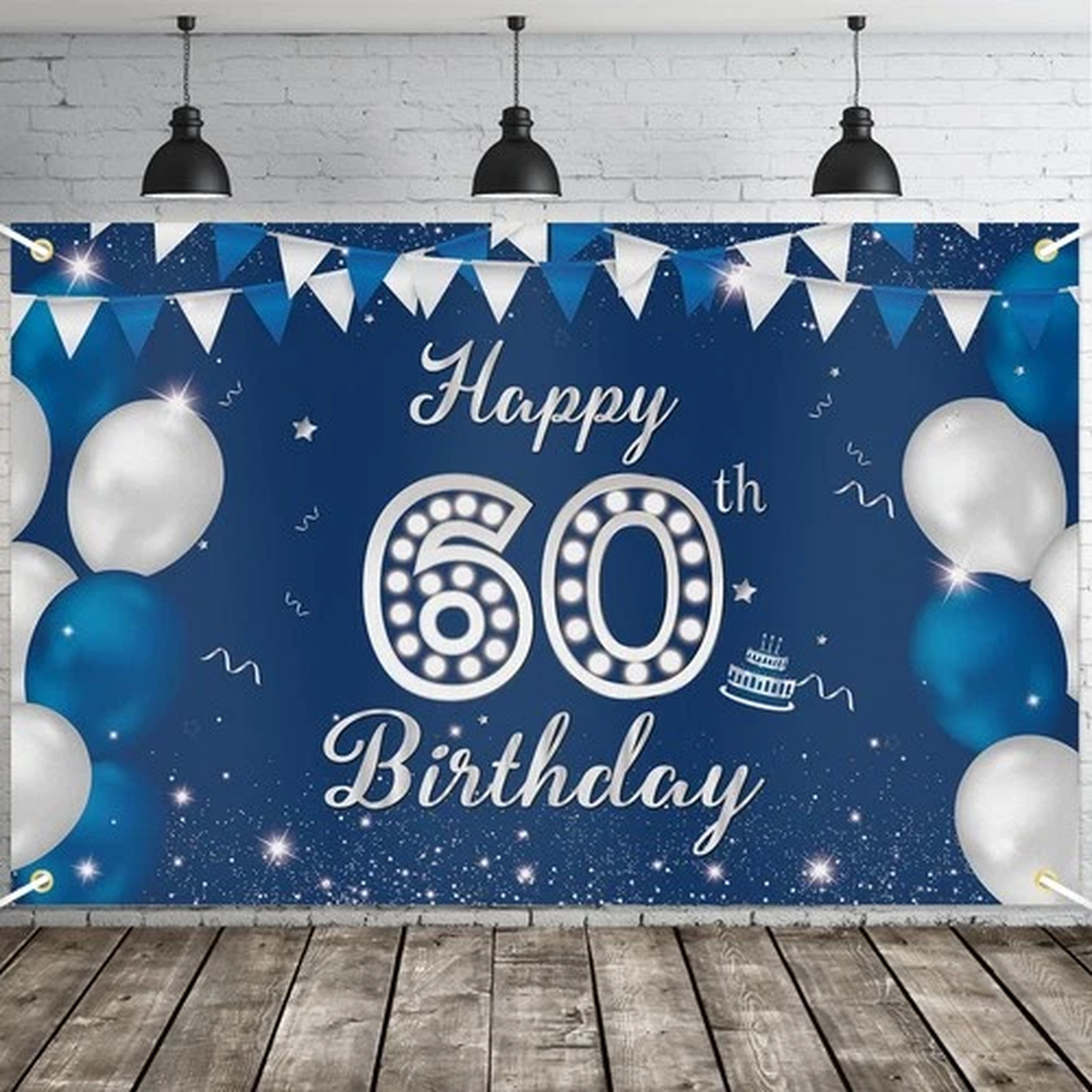 JOYKY Happy 60th Birthday Banner, Blue Silver 60