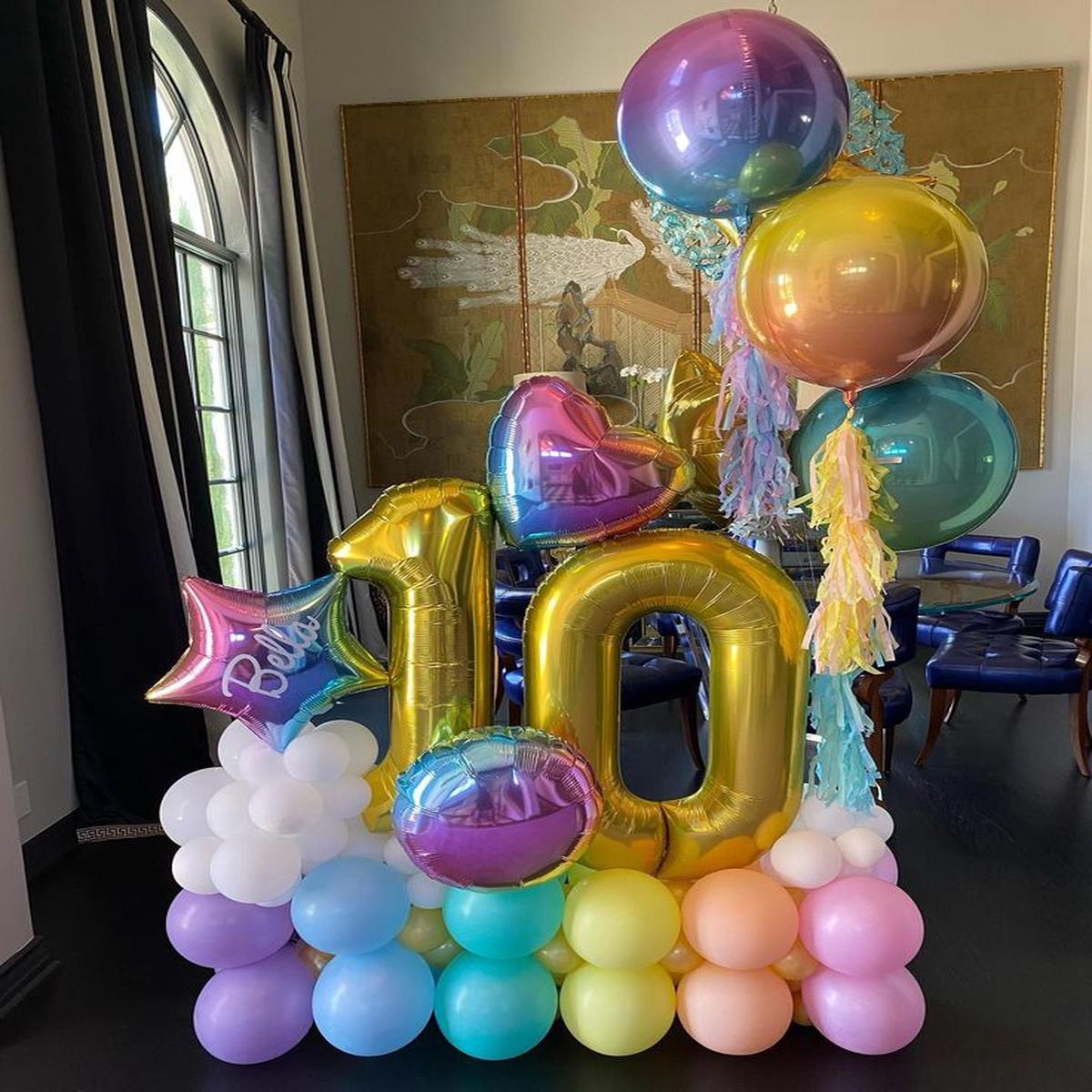 Platform Gold Numbers ’10’ with Latex Blue, Purple, Pink, Yellow, Peach and White with Heart Star a
