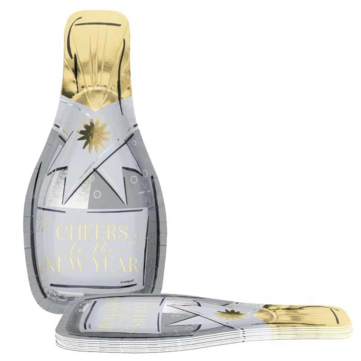 Toasting New Year8217s 1025 inch Silver Champagne Bottle Shaped Plates 8ct