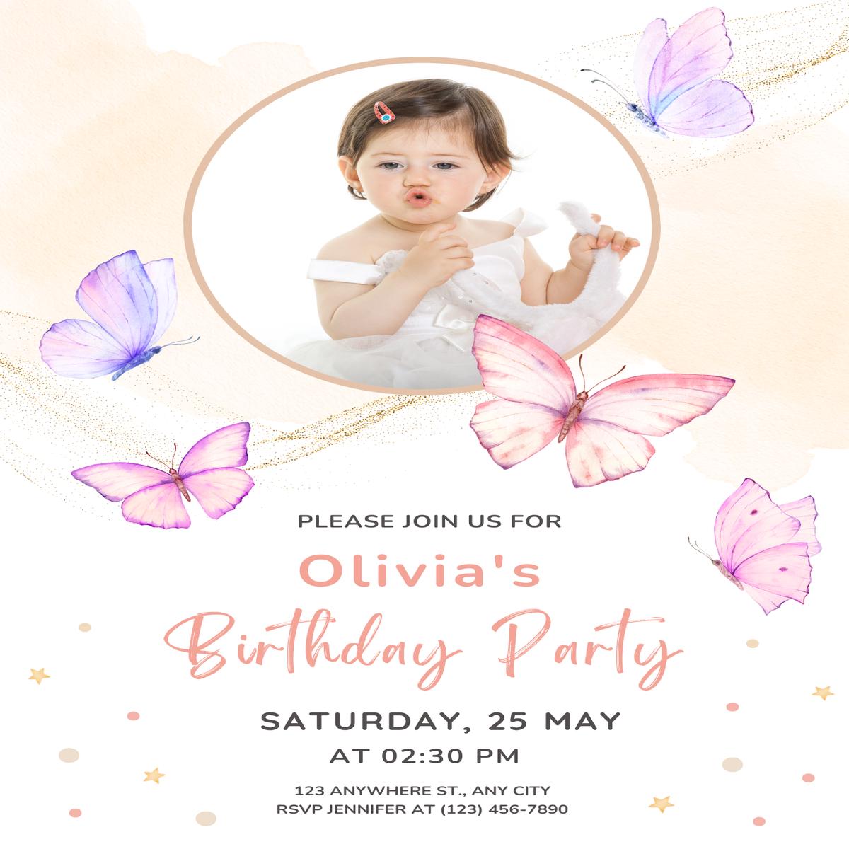 Customizable Pink Butterfly Theme Birthday Party Invitation for Girl’s Birthday Party (E-Invitation Card)