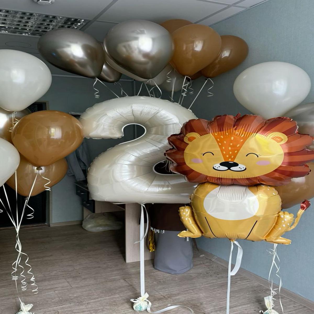 Helium Balloon Single Number Set of Beige Number 2 Balloon with Lion and Latex Helium Bunch Silver,