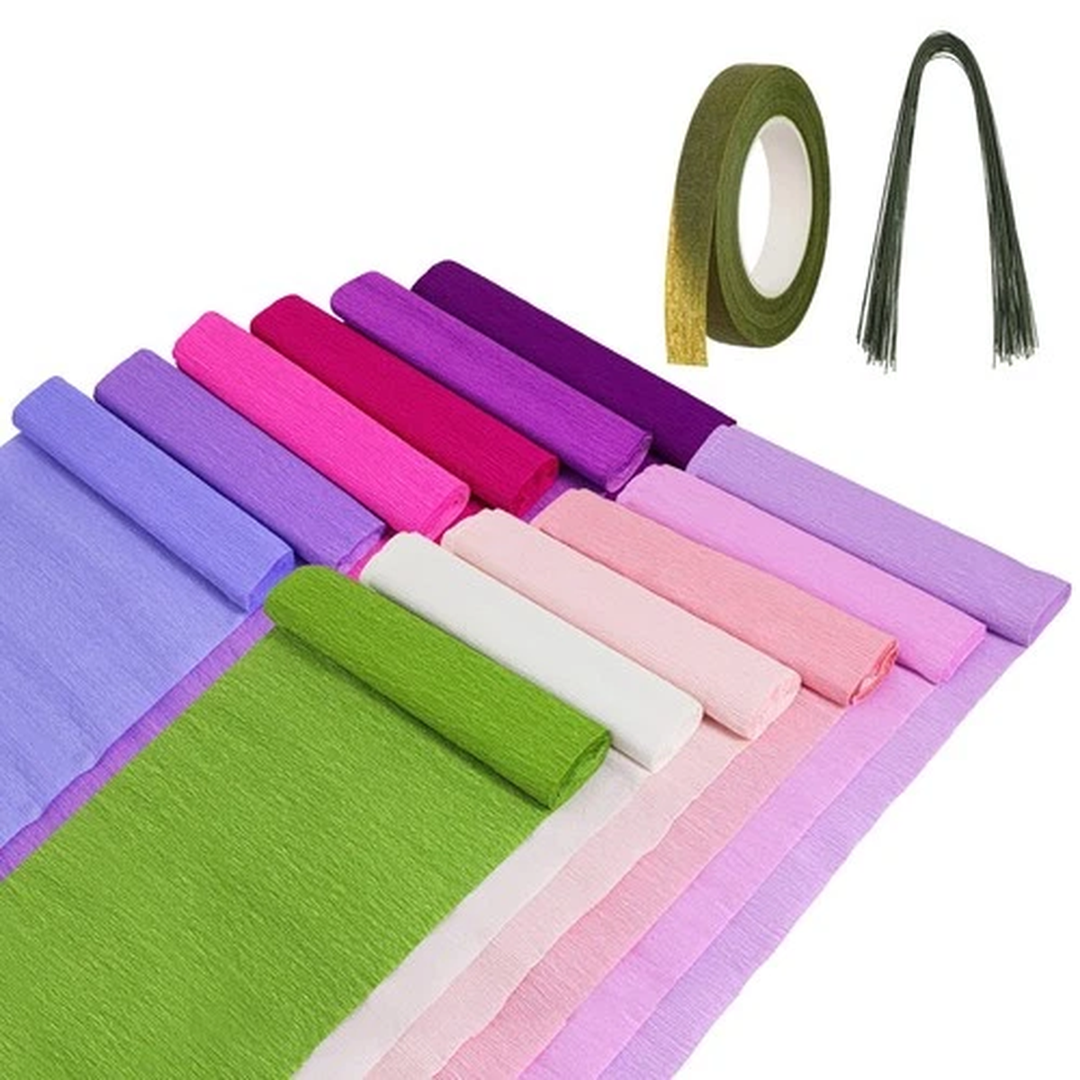 12 Rolls Crepe Paper Sheets 10×98 Inch 50 PCS Green Floral Wire Tapes Set