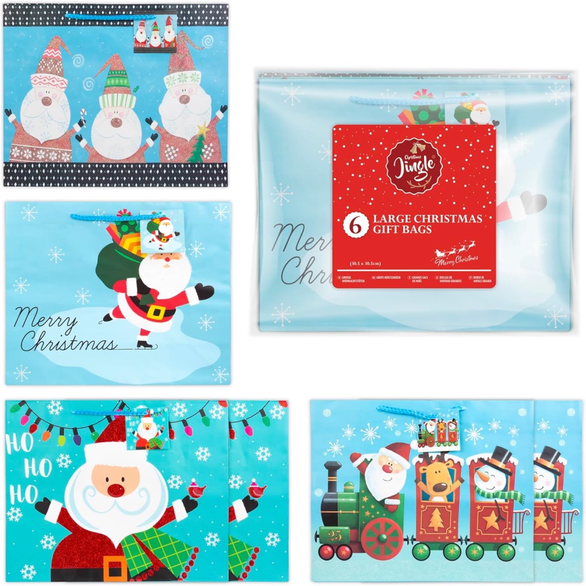 Abeec Christmas Jingle 6 Large Vertical Christmas Gift Bags Set