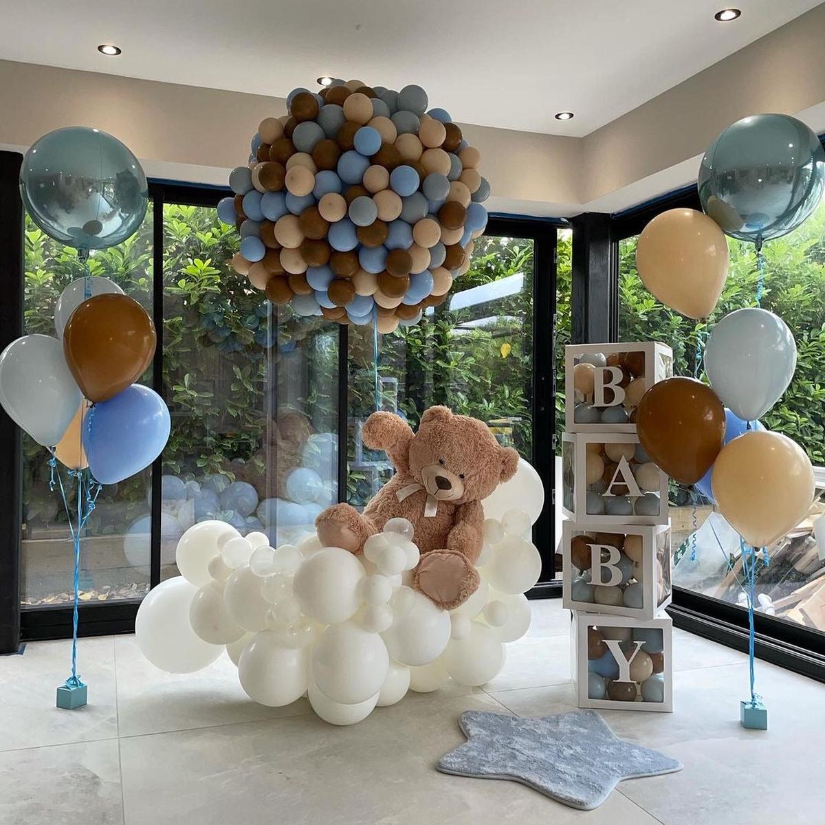 Cloud Designed Balloon with Teddy Bear, BABY Box with Mini Balloons and Balloon Blue, Brown and Bei