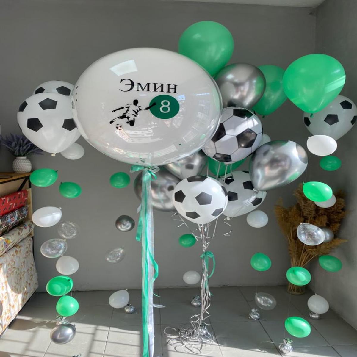 Personalised Sticker Balloon with Tassels and Soccer Ball, Green, Silver Latex Helium Bunch with Mi