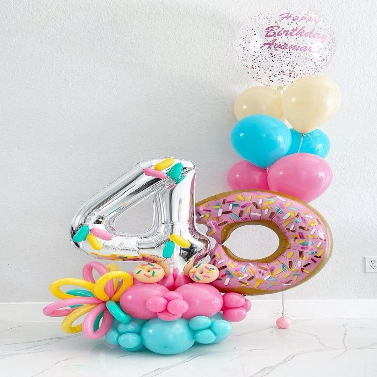 Balloon on Stand Silver Numbers ‘4’ with Latex Pink, Yellow, Teal and Donut accents and Personalise
