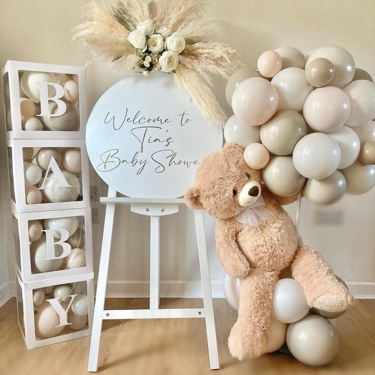 Hospital or Home Welcome Baby Baby Shower Balloon Dust White and Sand White with Teddy Bear, BABY B