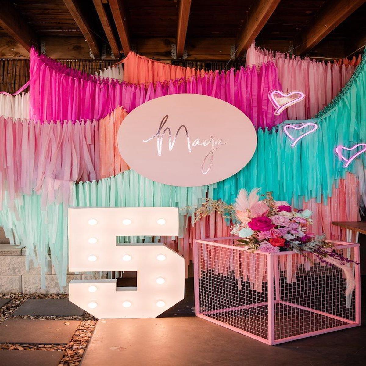 Blue, Pink, Orange and Green Streamer Backdrop Decor with LED Marquee and Customizable Circle KT Bo