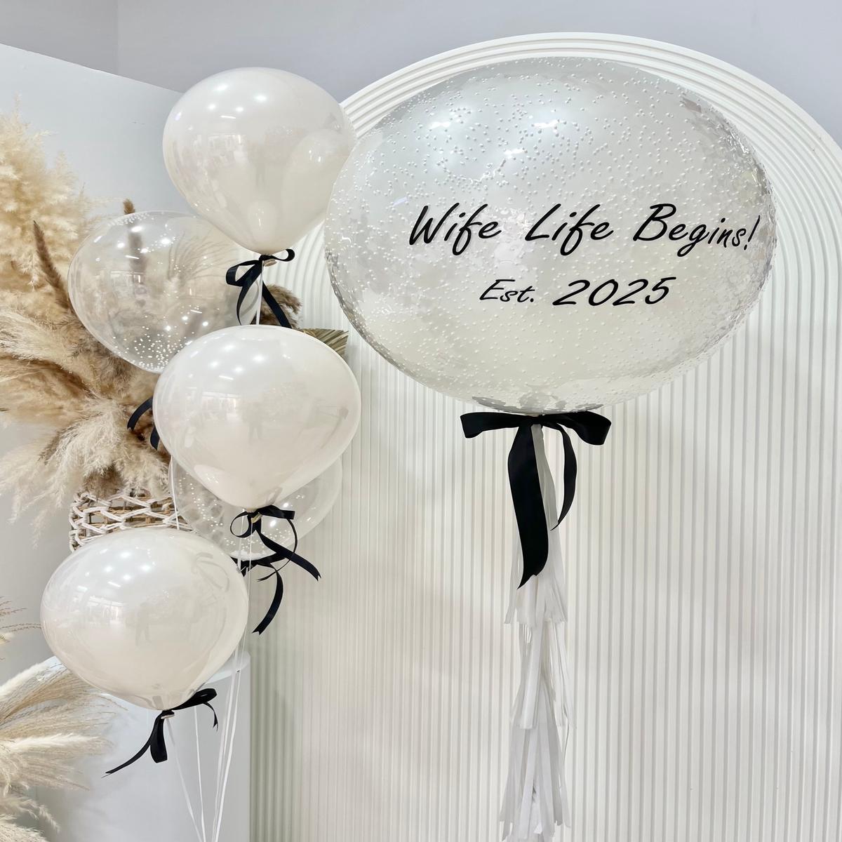 Personalised Helium Clear with White Foam, White Latex,  White Tassels and Black Ribbons with Doubl