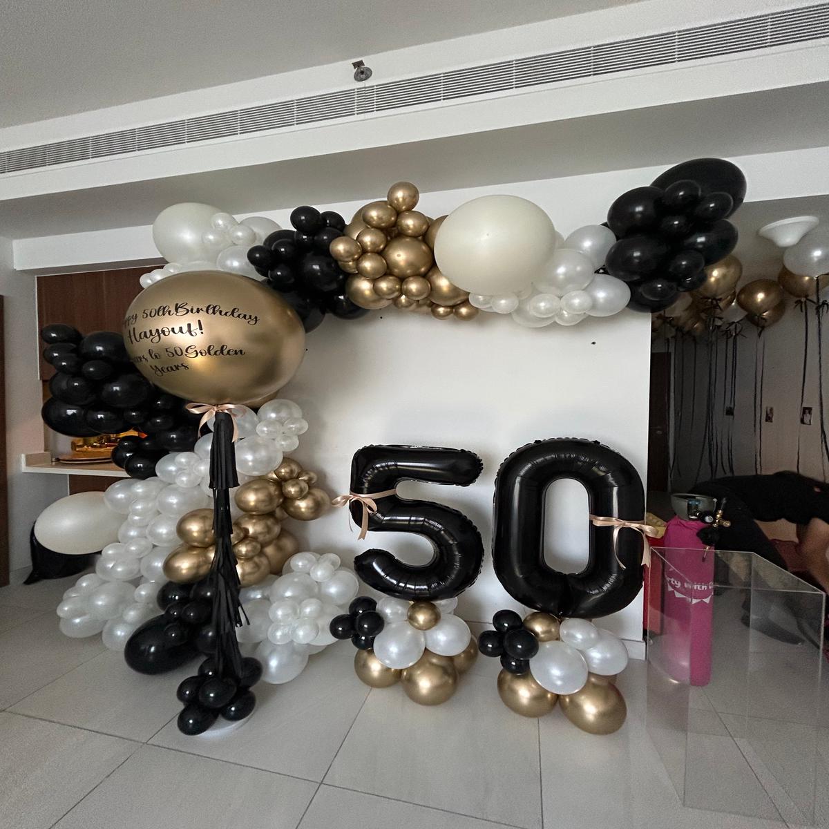 Customizable Balloon Arch Pearl White, Black and Light Gold with Number Balloon on Stand 50 and Per