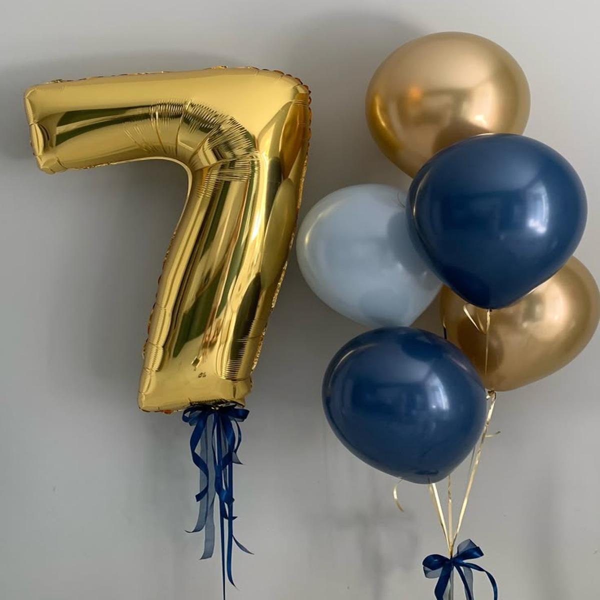 Helium Balloons Single Number Set Gold ‘7’ and Latex Bunch Navy Blue, Blue and Light Gold with Ribb
