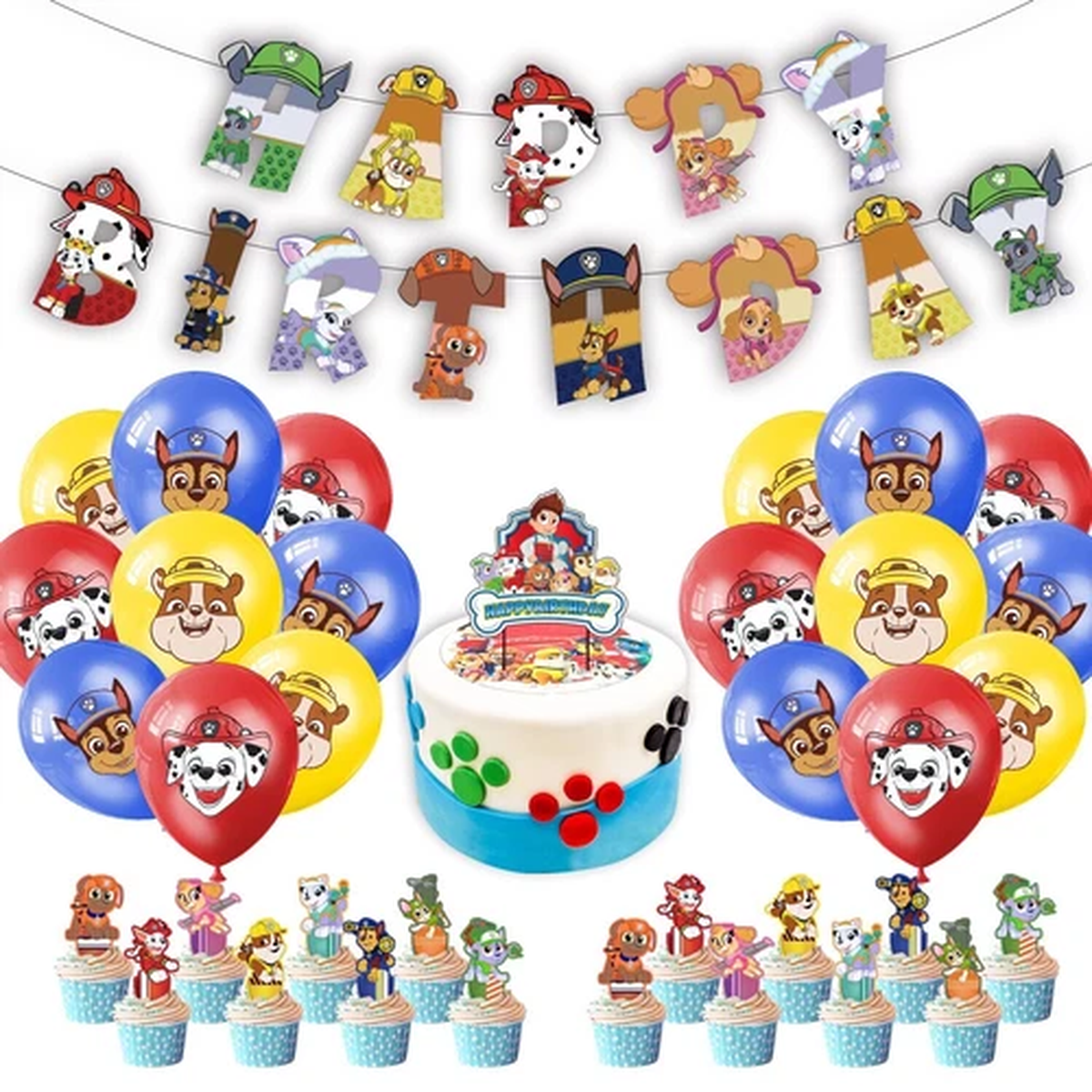PAW Patrol Happy Birthday Banner Cake Toppers Balloons Birthday Party Decors Set