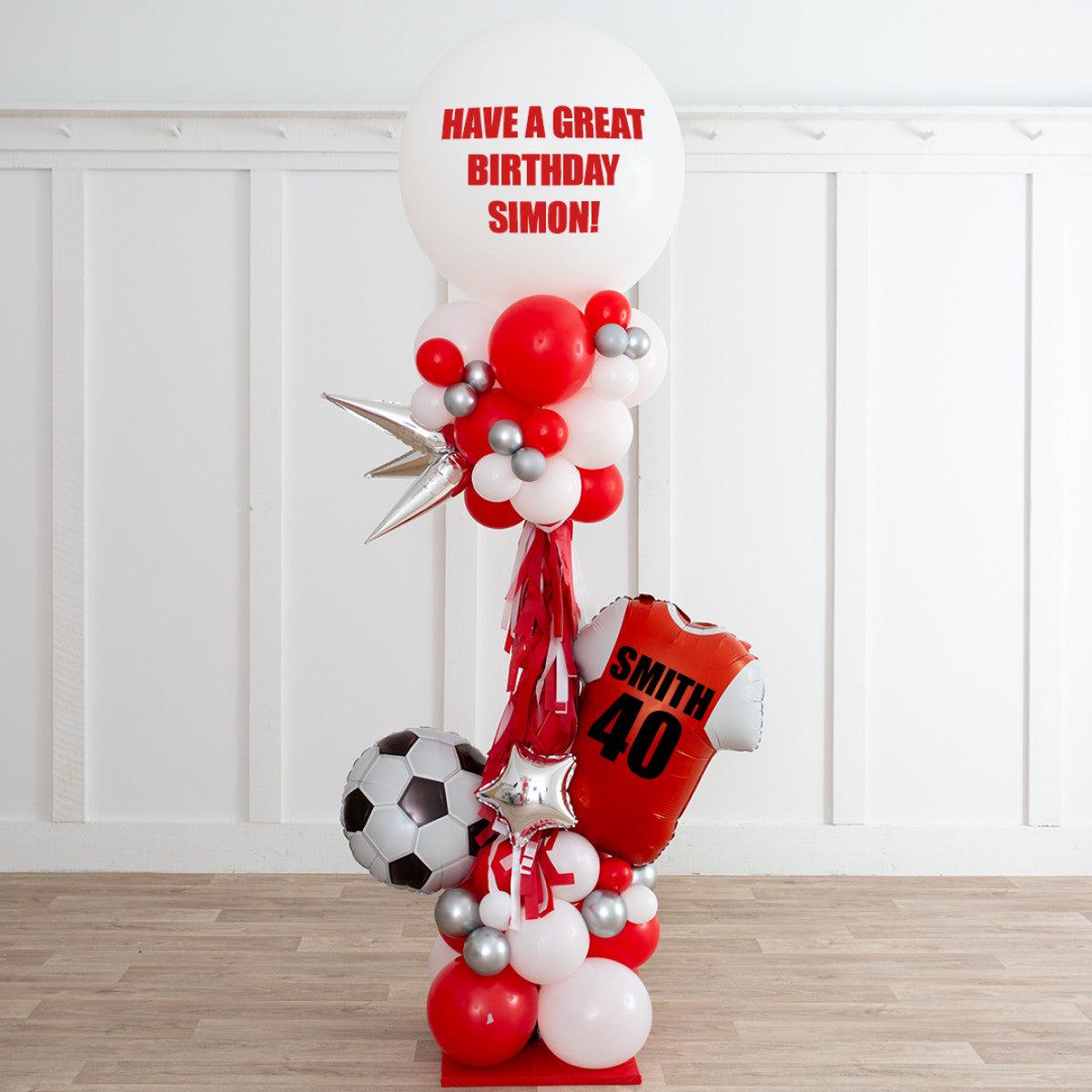 Personalised Red, Silver and White and Tassels Football Balloon Pillar/Column/Tower – Customizable