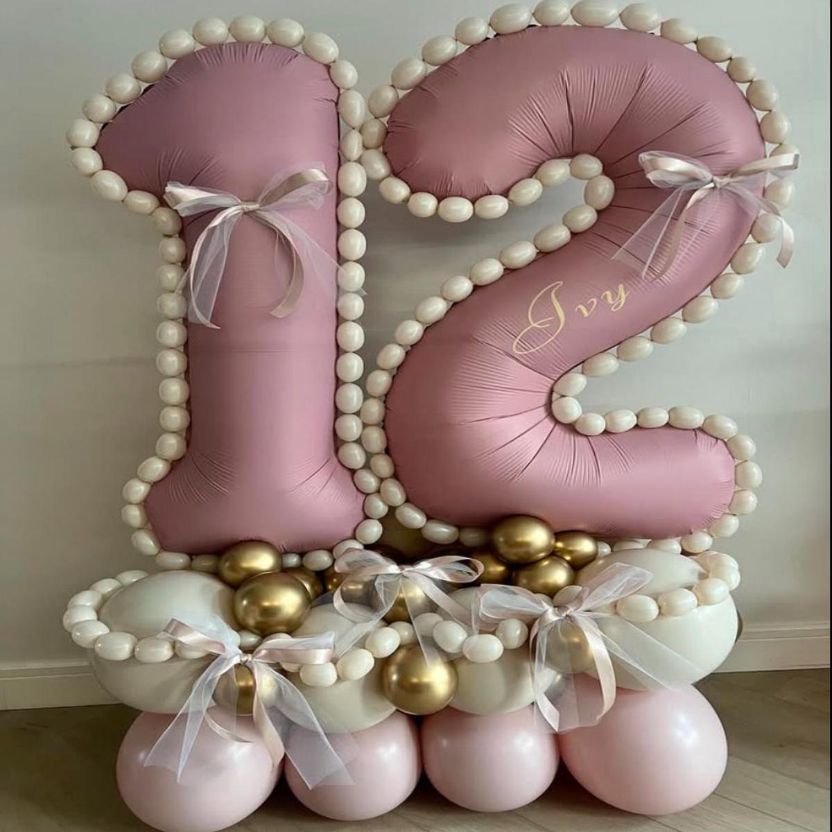 Platform Beige and Pink Numbers ’12’ Custom Balloon with Ribbons Decor  Perfect for Any Milestone C