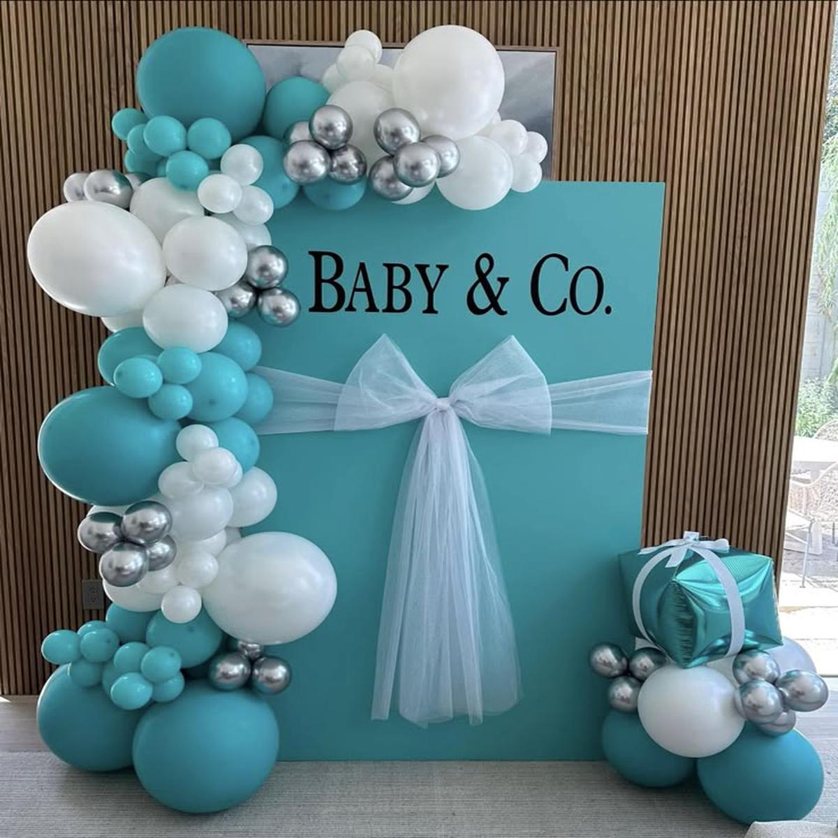 Customizable Board Backdrop with Customize Fabric Ribbons and Balloons Teal, White and Silver – Per