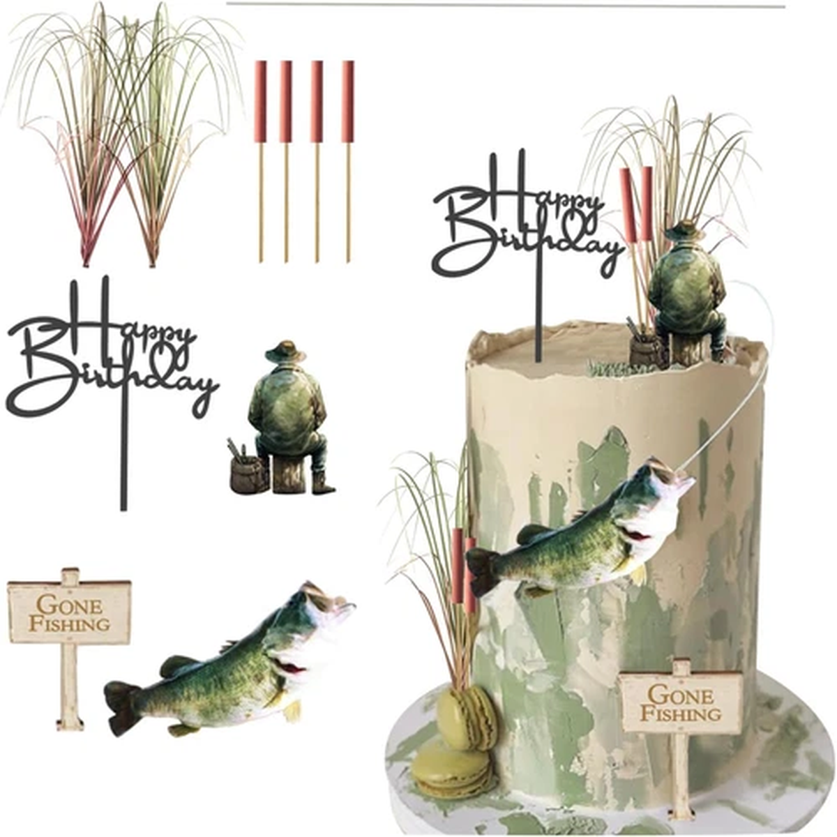 Gone Fishing Cake Topper Fish Birthday Decoration with Angler Fish Cattail Set f