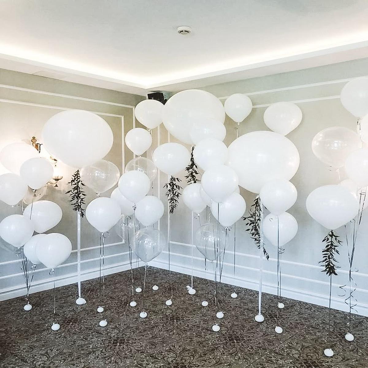 Helium Balloon Set of 18-inch and 10-inch Pearl White and White with Green Artificial Leaves Accent