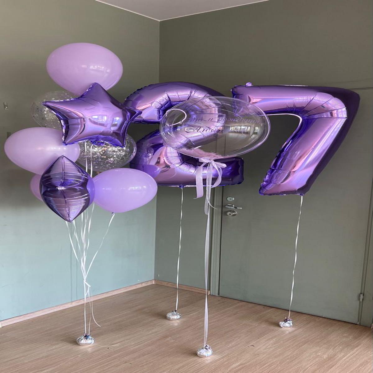 Pesonalised Clear with Feather, Ribbons and Customize Sticker Helium Balloons, Two Number Set Purpl