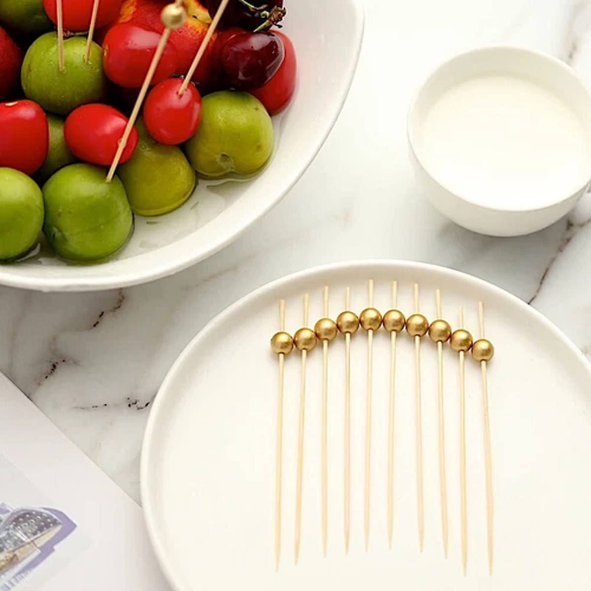 100 Light Brown 4.5″ Natural Sustainable Bamboo SKEWER PICKS Gold Pearls Party