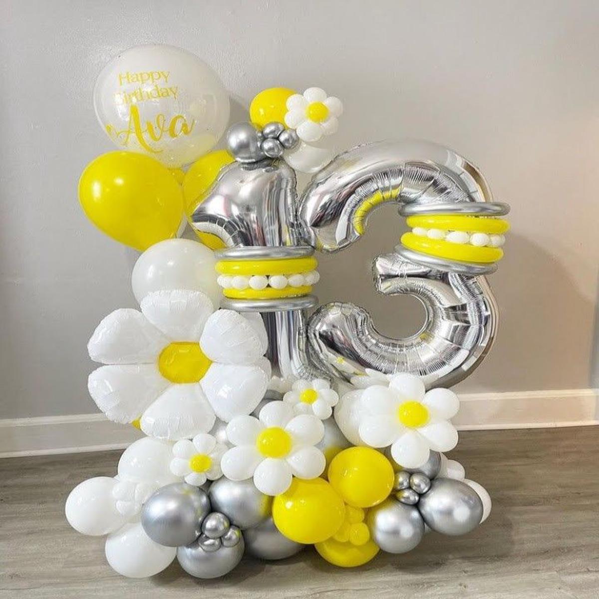 Platform Silver Numbers ’13’ with Flowers, Latex White, Silver and Yellow, Personilised Clear with