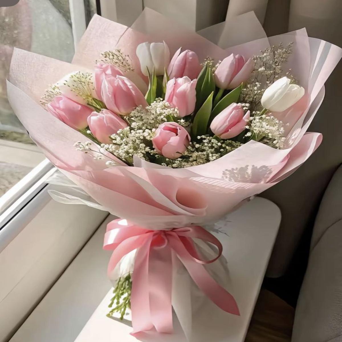 White and Pink Tulips – Floral Fresh Bouquet