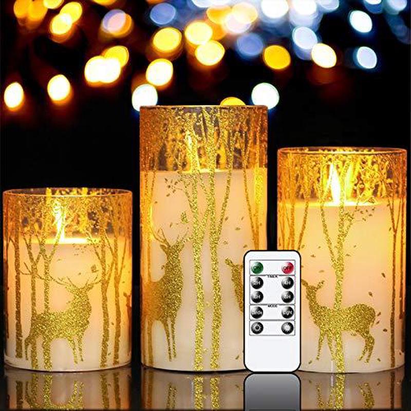 Glass Flameless Candles Flickering with Timer Remote, 3 Pack Gold Reindeer Elk Decal Real Wax Candles Lights for Christmas