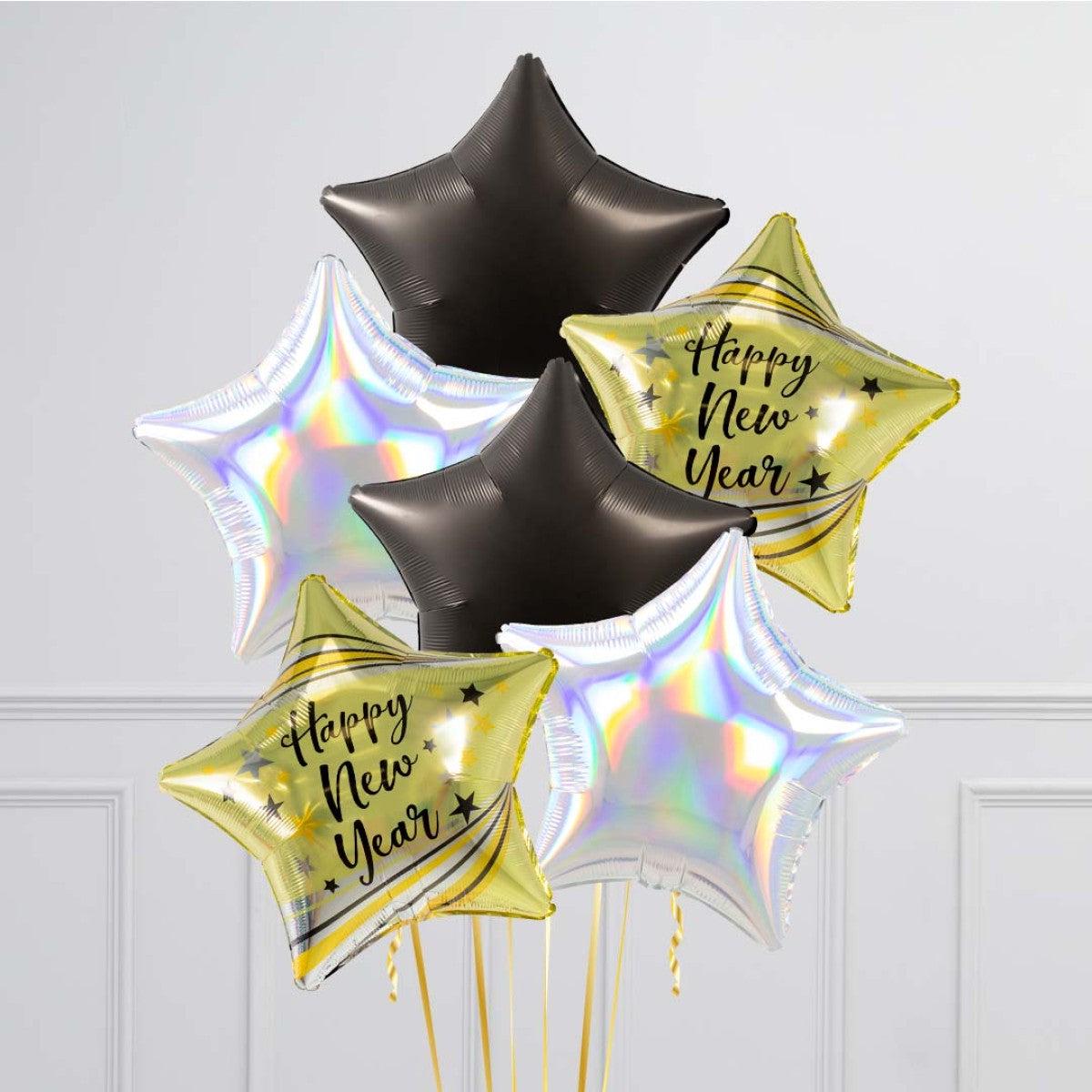 Gold, Black and Silver New Year’s Eve Balloon Set – Star Balloons, and ‘Happy New Year’ Designs