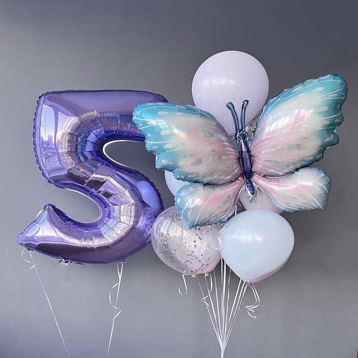Helium Balloons Single Number Set Purple ‘5’ and Latex Blue, Purple and Clear with Confetti, Butter