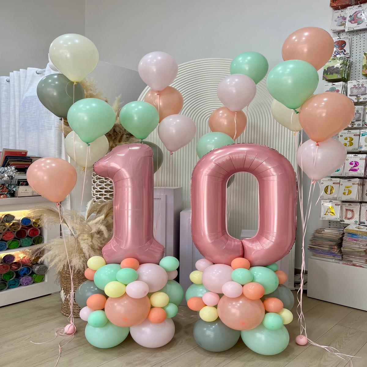40-inch Numbers 1&0 Balloon on Stand with Bunch Helium Balloons Pastel Colors Peach, Pink, Green an