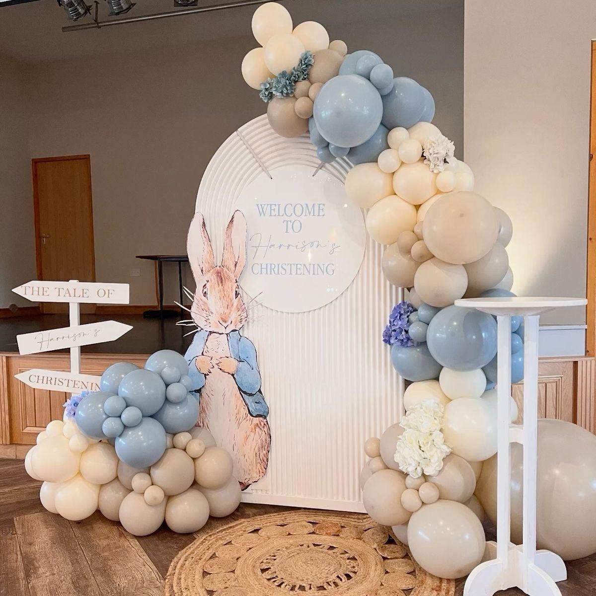 Customizable Board Backdrop with Balloon Blue, Dust White and Beige with Peter Standee with Artific