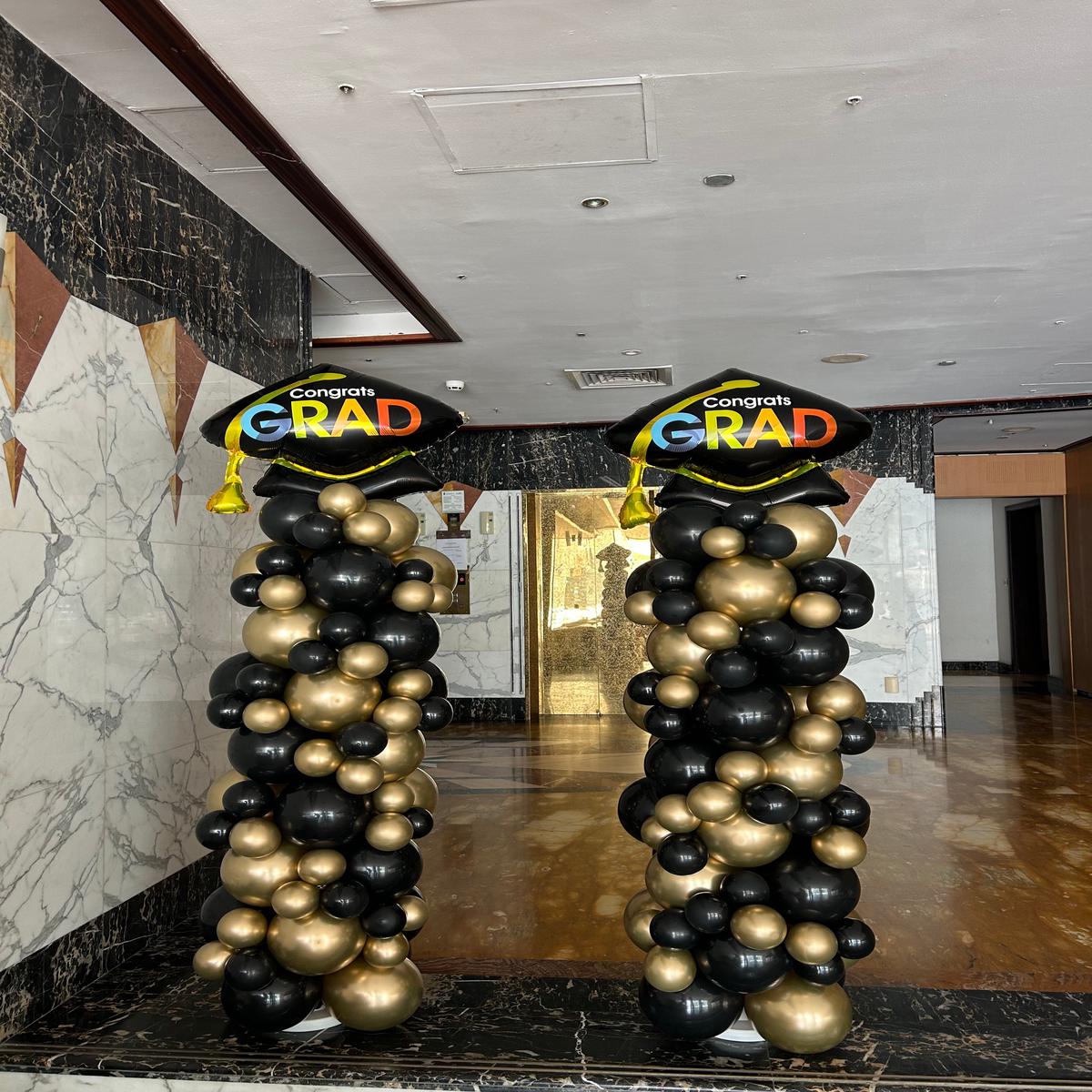 Personalised Light Gold and Blac Pillar/Column/Tower with Graduation Hat Foil Balloons  Perfect for