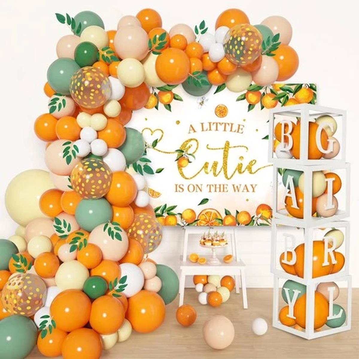 154PCS Little Cutie Baby Shower Decorations,Orange Balloon Garland Arch Kit w…
