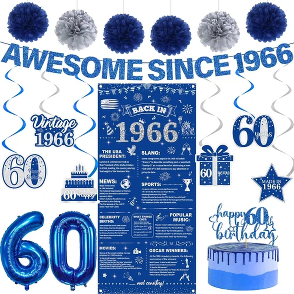 60Th Birthday Decorations Men Banner – 17 Pcs Blue Glitter Back in 1966 Birthday