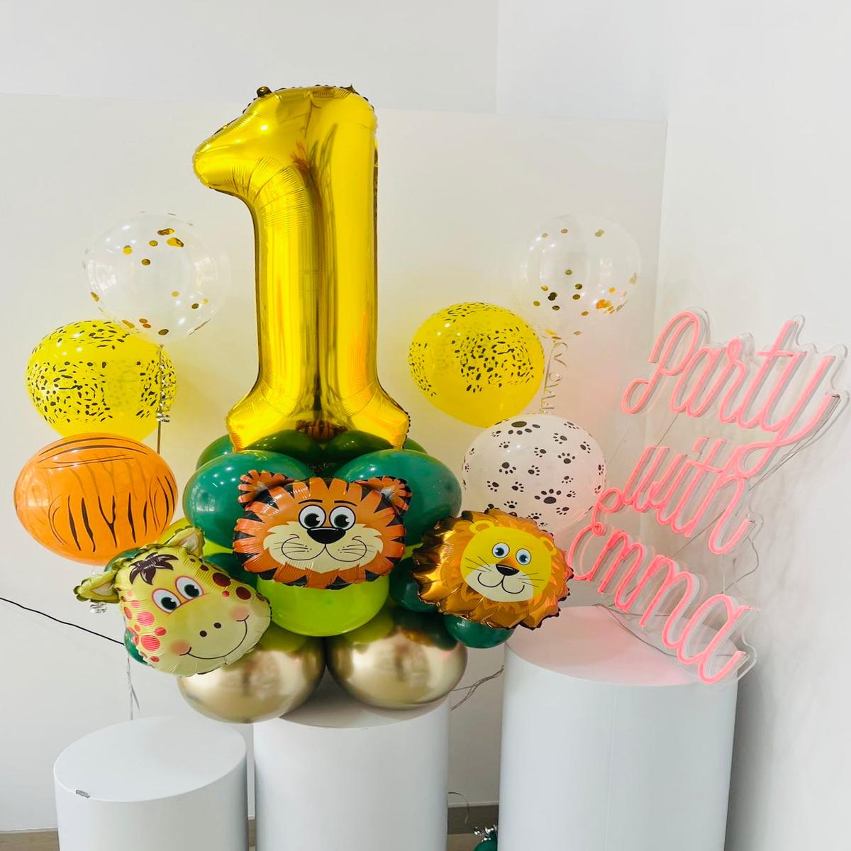 Number Balloon on Stand ‘1’ Safari-Themed with Helium Animal Print Foil Accents