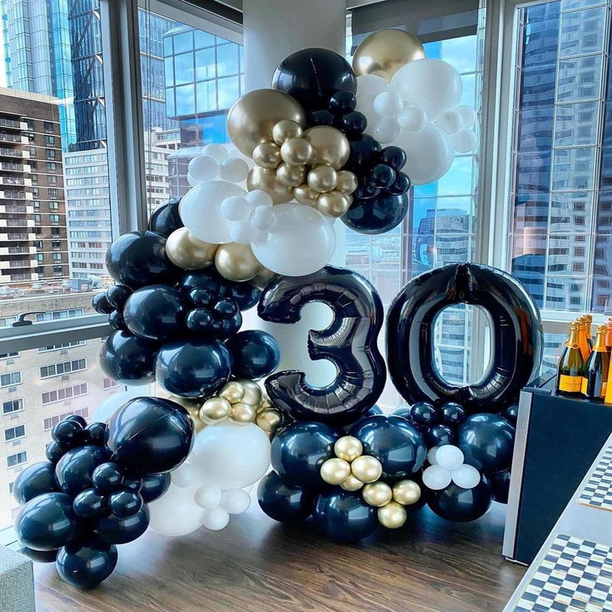 Organic Arrangement Garland Balloon Black, White and Light Gold with Number Balloon on Stand ’30’ –