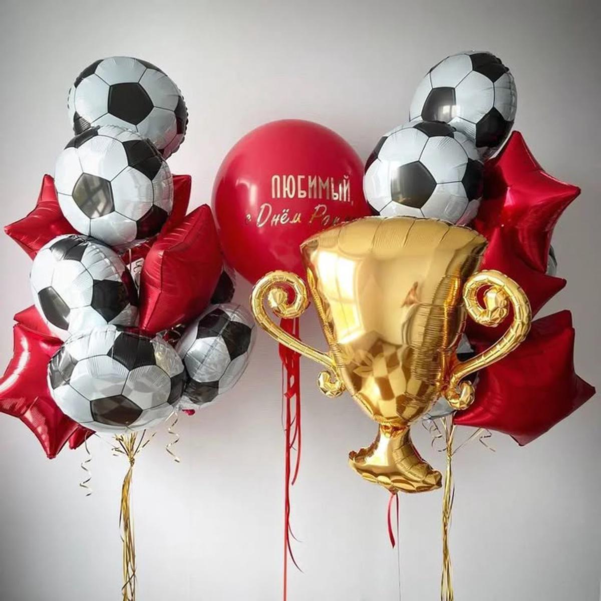 Personalised Sticker 36″ Red Balloon with Tassels and Soccer Ball, Gold Champion and Red Star Heliu