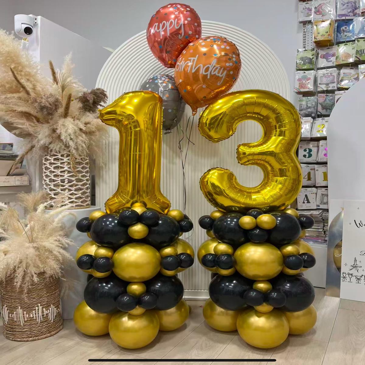 Number Balloon on Stand Gold ’13’ with Balloons Gold Black and Helium Happy Birthday To You Foil –