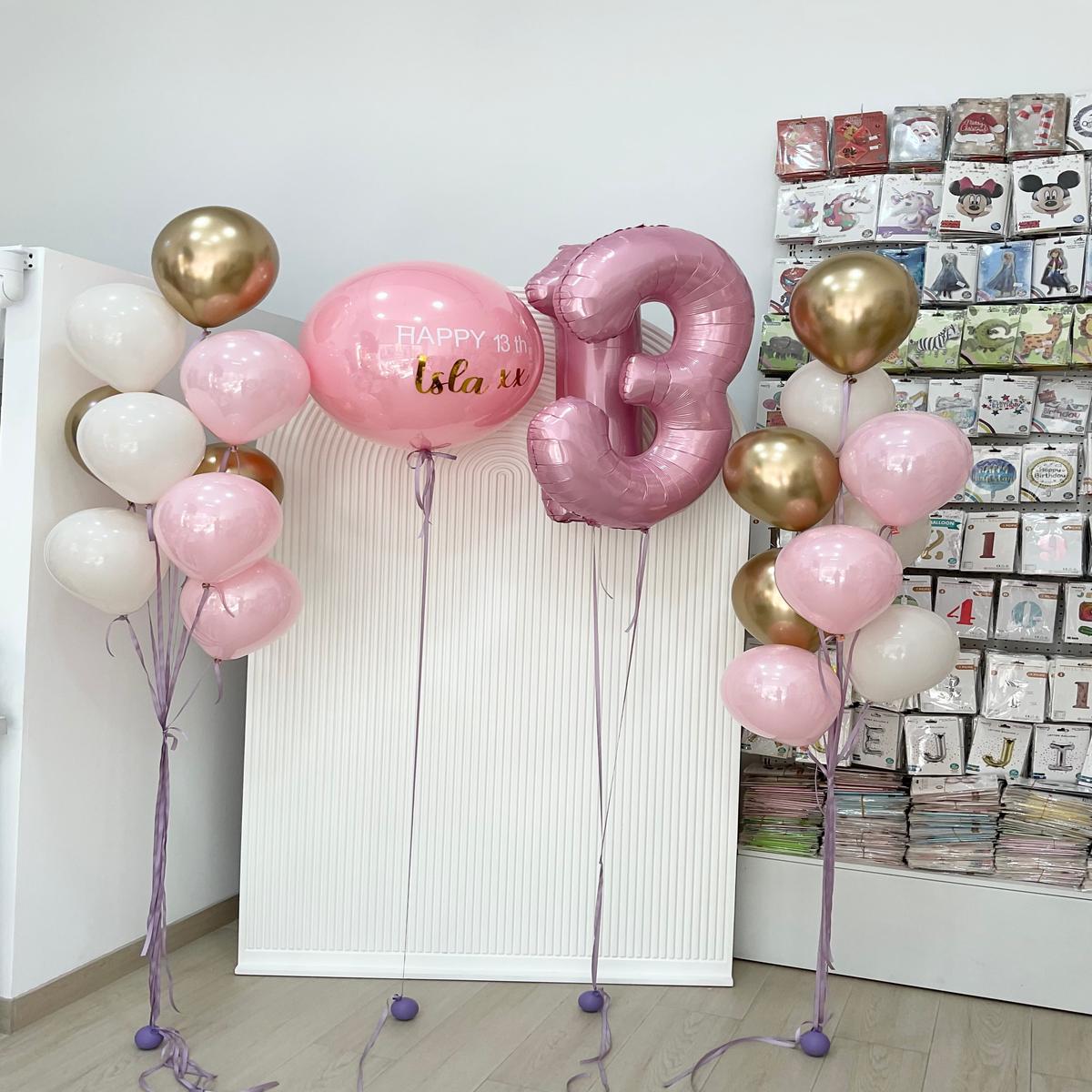 Personalised Helium Clear with Balloon Light Gold, Pink and White Latex Bunch, Pink 13 Number Ballo