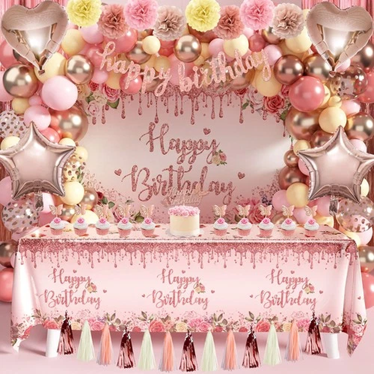 Rose Gold Birthday Party Decoration, 91 PCS Happy Birthday Pink Party Supplie…